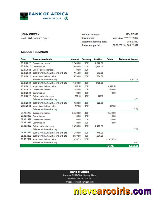 Niger Bank of Africa bank statement